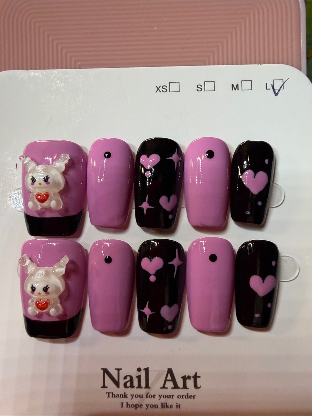Pink & Black Heart Accent Press-On Nails with 3D Karomi Charm